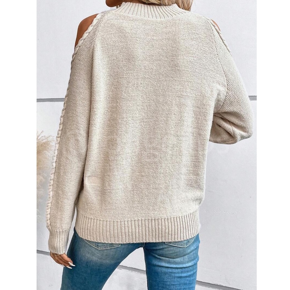 Beige Cable Knit Pullover Sweater Cold Shoulder Long Sleeve - Picture 4 of 9